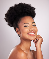 Image showing Skincare, beauty and smile, portrait black woman with confidence, white background and cosmetics product. Health, dermatology and natural makeup, model in studio for healthy skin care and wellness.