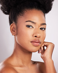 Image showing Skincare, beauty and portrait black woman with serious face, white background and cosmetics product. Health, dermatology and natural makeup, African model in studio for healthy skin care and wellness