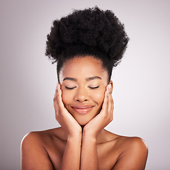 Image showing Skincare, beauty and black woman with satisfaction, confidence and white background for cosmetics. Health, dermatology and natural makeup and African model in studio in healthy care and wellness