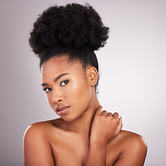 Image showing Beauty, makeup and portrait black woman with confidence, white background and cosmetics. Health, dermatology and natural skincare and African model in studio for healthy skin care and wellness.