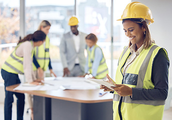 Image showing Engineering, tablet and woman planning project management, industry software and blueprint design in office. Construction worker, contractor or architecture indian person with digital floor plan idea