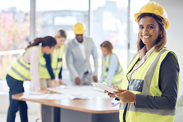 Image showing Engineering portrait, tablet and woman planning project management, industry and blueprint design in office. Construction worker face, contractor or architecture indian person with digital floor plan