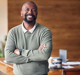 Image showing Business, confidence and portrait black man with smile in office, startup ceo or owner at hr company. Happiness, project management and happy, confident professional businessman at recruitment agency