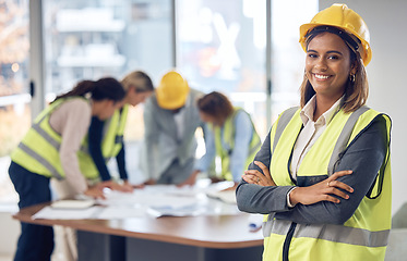 Image showing Proud engineering portrait of woman with project management, industry mindset and development goals in office. Happy construction worker, industrial contractor or indian person in architecture career