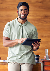 Image showing Business, confidence and portrait of Indian man with tablet in office, startup ceo or owner at hr company. Happiness, project management and professional businessman with smile at recruitment agency.