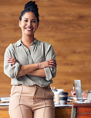 Image showing Business, confidence and portrait of hispanic happy woman in office, startup ceo or owner at hr company. Happiness, project management and professional businesswoman with smile at recruitment agency.