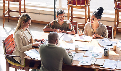 Image showing Business meeting, teamwork and people planning for digital marketing strategy and graphs, charts or statistics analysis. Employees startup, brainstorming ideas and data analytics review in workshop