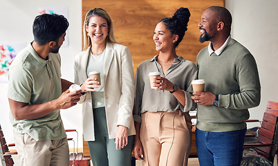 Image showing Startup business people, coffee break chat and happy together with team building, laughter and funny time. Men, women and drink with comic talk, friends and happiness in workplace with diversity