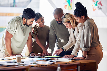 Image showing Business people planning, brainstorming and analysis in startup strategy, digital marketing ideas or data analytics. Diversity group of employees in meeting, teamwork and tablet tech for project goal