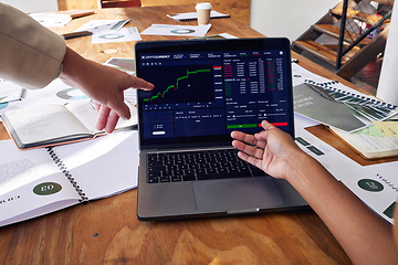 Image showing Laptop screen, stock market and hands of people in meeting, data analytics and statistics analysis or review growth. Computer, software and trading, investment and online profit with analyst teamwork