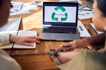 Image showing Employees, eco living and agriculture with laptop, screen and planning for advertising, communication and recycling message. Coworkers, man and woman with technology, sustainability and brainstorming