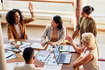 Image showing Business meeting, questions and people with manager, boss or speaker for proposal feedback, ideas and teamwork. Woman or employee engagement in workshop for digital marketing and project planning