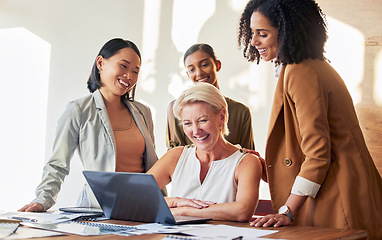 Image showing Laptop, planning and business women teamwork, online review and collaboration for company website strategy. Professional people or happy manager with computer technology, app or software launch ideas