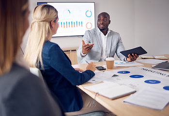 Image showing Planning, presentation and people with business growth meeting, corporate charts or graph and data analysis of profit revenue. Professional black man, boss or manager speaking to employees or clients