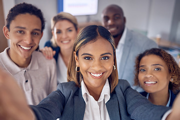 Image showing Selfie, office portrait and business people in group for corporate meeting, staff photography or diversity post. Happy professional friends, career influencer or employees in teamwork profile picture