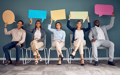 Image showing Speech bubble, waiting room and people in business recruitment, social media chat icon, and networking cardboard sign. Corporate group of people with voice communication or hiring portrait and mockup