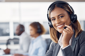 Image showing Woman, call center and smile with headset mic for telemarketing, customer service or support at the office. Portrait of happy female consultant agent smiling with headphones for online advice or help