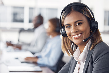 Image showing Woman, call center and portrait smile with headset for telemarketing, customer service or support at office desk. Happy female consultant or agent smiling with headphones for online advice or help