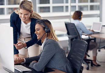 Image showing Call center woman, computer and coach for learning, reading and customer support with happiness at job. Indian telemarketing consultant, mentor and crm training with pointing at monitor with manager