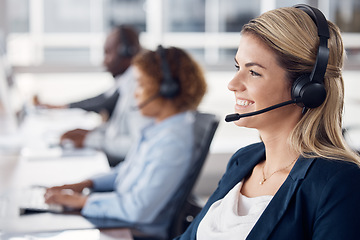 Image showing Woman, call center and smile with headset for telemarketing, customer service or support at office desk. Happy and friendly female consultant agent smiling with headphones for online advice or help