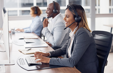 Image showing Call center woman, computer and typing with smile, reading and customer support with happiness at job. Indian telemarketing consultant, desktop pc and happy crm with communication in modern office