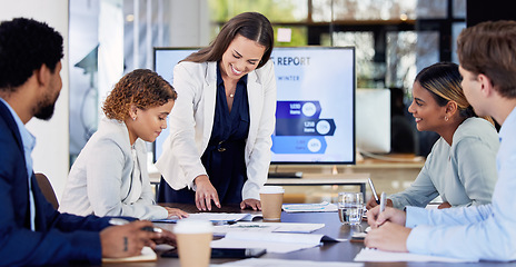 Image showing Business, team and employees in meeting, brainstorming and discussion for feedback, report and profit growth. Female manager, group and staff in workplace, planning and conversation with teamwork