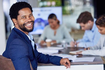 Image showing Black man in business, smile in portrait with leadership, meeting with teamwork and collaboration in conference room. Happy corporate male, team leader and professional with businessman and success