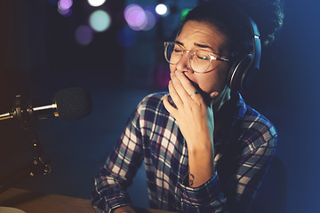 Image showing Tired, dark and a woman yawning in radio broadcast, podcast production and late shift. Fatigue, overworked and a media reporter with a yawn while streaming at night with burnout, boredom and sleepy