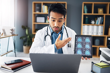 Image showing Mri, man and doctor on video call, talking and healthcare with telehealth, diagnosis and analysis for care. Male employee, medical professional or surgeon with tablet, brain scans or explain solution