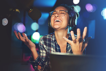 Image showing Radio DJ, headphone and microphone, woman is excited with singing or talking, broadcast media and announcement. Female in studio booth, recording and happiness with smile, excitement and carefree