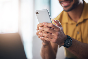 Image showing Closeup, hands and man with cellphone, typing and network signal for social media, online reading and search internet. Hand and male with smartphone, connection and mobile application for info