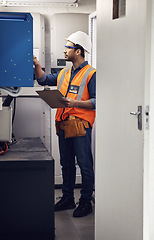 Image showing Man, switch box and technician in control room, inspection or machine maintenance on clipboard. Male electrician, system and electrical substation of power, industrial generator or engineer checklist