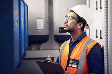 Image showing Man, engineering and technician in control room, box inspection and machine maintenance on clipboard. Male electrician, system and electrical substation for power, industrial generator and checklist