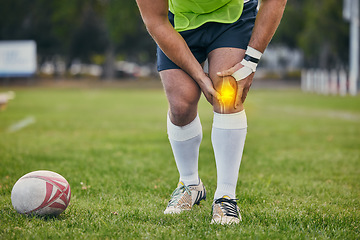 Image showing Rugby, pain and man with knee injury on sports field for practice match, training and game outdoors. Medical emergency, accident and athlete with x ray of joint inflammation, sprain and tendinitis