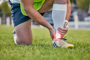 Image showing Sports, foot pain and man with injury on field after practice match, training and game outdoors. Medical emergency, accident and rugby athlete with joint inflammation, x ray sprain and tendinitis