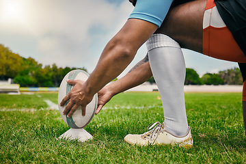 Image showing Rugby, hands and man ready with ball to score goal on field at game, match or practice workout. Sports, fitness and professional player on grass, motivation, energy and skill in team sport challenge.