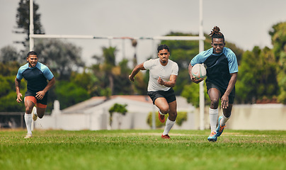 Image showing Rugby, running or sports men in game playing a training game for cardio exercise or workout outdoors. Fitness speed, black man or fast African athlete player with ball exercising on field in stadium