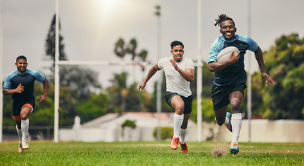 Image showing Rugby team or people running fast on field in competition, game or match strategy, energy and challenge for goals. Speed of sports men, athlete or friends on pitch for gaming event moving in action