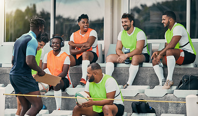 Image showing Rugby team, people and coaching strategy, checklist and game event, formation or match planning at stadium. Happy diversity group, sports men and training manager for goals, discussion and mission