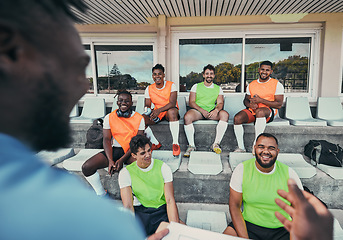 Image showing Rugby team, coaching and group of people with strategy for event, game formation or match planning at stadium. Happy diversity, sports men with training manager talking of goals, schedule and mission