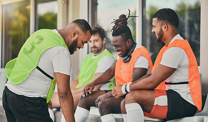 Image showing Rugby men, teamwork and fitness on bench, laughing or comic chat for diversity, solidarity and happy. Group team building, university or professional sport at stadium for relax, friends or funny time