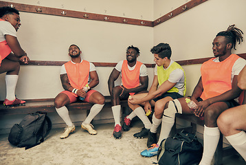 Image showing Locker room, motivation and rugby team building, happy friends in strategy discussion or game plan. Training, teamwork and group of winner sports players talking and sitting in cloakroom together.