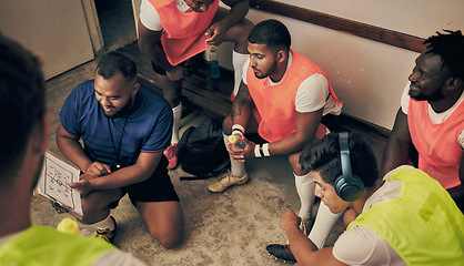 Image showing Locker room, strategy and rugby team with coach in discussion or game plan with motivation for winning. Training, coaching and focus, group of sports players planning teamwork with leader together.