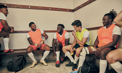 Image showing Locker room, motivation and rugby team laughing together in strategy discussion or game plan. Training, fitness and group of winning sports players planning teamwork, happy men in cloakroom together.