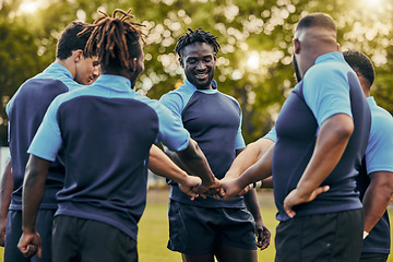 Image showing Diversity, team and men fist bump in sports for support, motivation or goals outdoors. Man sport group putting hands together for fitness, teamwork or success in collaboration before match or game