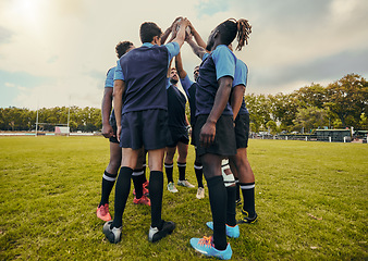 Image showing Diversity, team and men with hands together in sports for support, motivation or goals on grass field. Sport group in rugby for fitness, teamwork or success in collaboration, match or game outdoors