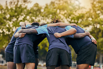 Image showing Diversity, team and men huddle in sports for support, motivation or goals outdoors. Man sport group and rugby scrum together for fitness, teamwork or success in collaboration before match or game