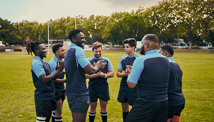 Image showing Diversity, team and men applause in sports for support, motivation or goals on grass field outdoors. Sport group clapping in fitness, teamwork or success for match preparation or game