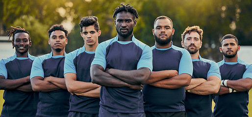 Image showing Rugby, men and portrait of team with serious expression, confidence and pride in winning game. Fitness, sports and teamwork, proud players ready for match, workout or competition on field at stadium.