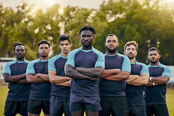 Image showing Rugby, power and portrait of team of men with serious expression, confidence and pride in winning game. Fitness, sports and diversity, players at match, workout or competition on field at stadium.
